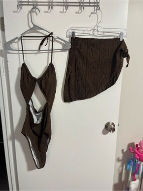 Brown Textured Cutout One-Piece Swimsuit with Skirt Cover-Up
